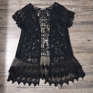 Origami Vest Jacket Womens Meduim Large Black Swirl Sheer Crochet Lace Trim Top